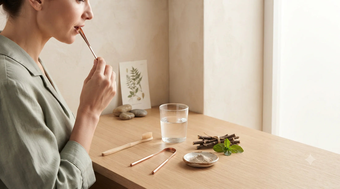 Everyday oral care with toothbrush, water and tongue-cleaning tool