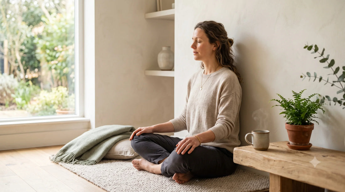 Person practising a calm breathing routine in a peaceful wellness setting